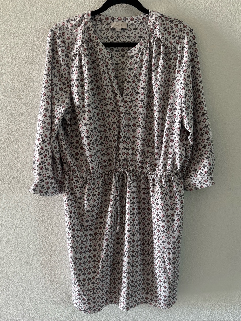 LOFT Outlet White & Pink Floral Print Split Neck Mini Dress XL